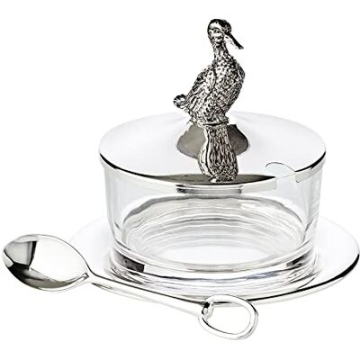 EDZARD Tarro de mermelada/azucarero Pato, con platillo, plateado, con cuchara de acero inoxidable, altura 12 cm, diámetro 14 cm, vidrio ø 10 cm EDZARD Tarro de mermelada/azucarero Pato, con platillo, plateado, con cuchara de acero inoxidable, altura 12 cm, diámetro 14 cm, vidrio ø 10 cm