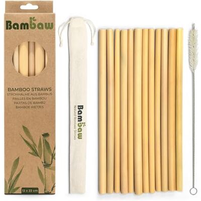 Bambaw Pajitas Reutilizables, Pajitas de Bambú, Fabricadas en Bali, Biodegradables, Pajitas Cócteles, Incluye Cepillo de Limpieza y una mica Bolsa de Almacenaje, Pack 12-22 cm Bambaw Pajitas Reutilizables, Pajitas de Bambú, Fabricadas en Bali, Biodegradables, Pajitas Cócteles, Incluye Cepillo de Limpieza y una mica Bolsa de Almacenaje, Pack 12-22 cm
