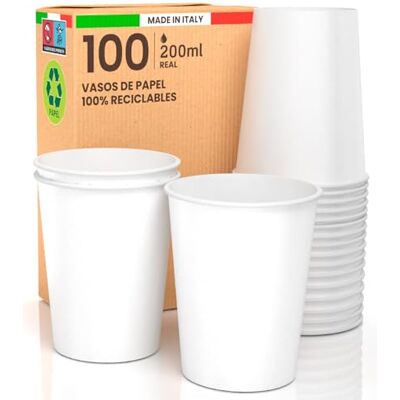 Baciato Caffè 100 Vasos de Papel Blancos de 200ml Ecológicos Biodegradables Desechables, Fabricados en Italia, Para llevar Bebidas Calientes y Agua Baciato Caffè 100 Vasos de Papel Blancos de 200ml Ecológicos Biodegradables Desechables, Fabricados en Italia, Para llevar Bebidas Calientes y Agua