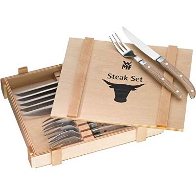 WMF Ranch Juego de cubiertos para carne de 12 piezas para 6 personas, juego de cuchillos con tenedor, acero especial forjado para la hoja, acero inoxidable Cromargan mate, madera de roble aceitada. WMF Ranch Juego de cubiertos para carne de 12 piezas para 6 personas, juego de cuchillos con tenedor, acero especial forjado para la hoja, acero inoxidable Cromargan mate, madera de roble aceitada.