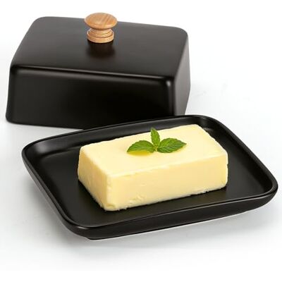 VINATO Mantequera Cerámica Mantequera de Porcelana con Tapa y Mango de Perilla, Platos de Mantequilla de Cerámica para 250 gr de Manteca, Negro VINATO Mantequera Cerámica Mantequera de Porcelana con Tapa y Mango de Perilla, Platos de Mantequilla de Cerámica para 250 gr de Manteca, Negro