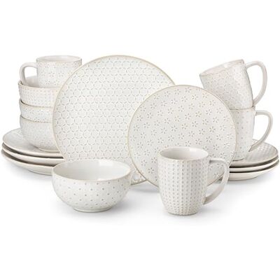 MALACASA Juego de Vajilla Completa de Gres 16 Piezas 4 Personas LYDIA Diseño en relieve, Incluye platos, cuencos y tazas de café 480 ml, Apto para microondas y lavavajillas, Uso diario MALACASA Juego de Vajilla Completa de Gres 16 Piezas 4 Personas LYDIA Diseño en relieve, Incluye platos, cuencos y tazas de café 480 ml, Apto para microondas y lavavajillas, Uso diario
