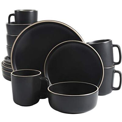Gibson Zuma Juego de vajilla redonda de cocina de 16 piezas, platos, cuencos, tazas, servicio para 4, gres mate, negro Gibson Zuma Juego de vajilla redonda de cocina de 16 piezas, platos, cuencos, tazas, servicio para 4, gres mate, negro