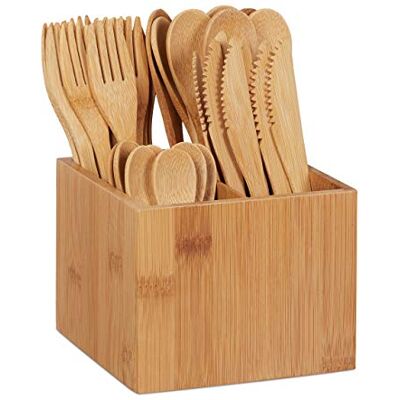 Relaxdays Set de cubertería de bambú, 10x Cuchillo, Tenedor, Cuchara, Cucharilla, Soporte de madera, Reutilizable, Marrón Relaxdays Set de cubertería de bambú, 10x Cuchillo, Tenedor, Cuchara, Cucharilla, Soporte de madera, Reutilizable, Marrón