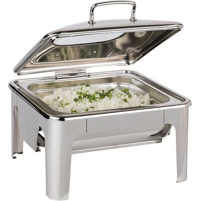 APS Chafing Dish "Easy Induction" Tapa de cristal, solo apta para placas de inducción, recipiente GN 2/3 (65 mm de profundidad), 5,5 litros, 42 x 41 x 30 cm, acero inoxidable APS Chafing Dish "Easy Induction" Tapa de cristal, solo apta para placas de inducción, recipiente GN 2/3 (65 mm de profundidad), 5,5 litros, 42 x 41 x 30 cm, acero inoxidable