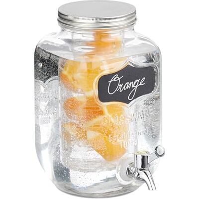 Relaxdays Dispensador Bebidas con Accesorio Fruta, Recipiente Limonada 4 L, Grifo y Tapa, Cristal, Metal, Transparente Relaxdays Dispensador Bebidas con Accesorio Fruta, Recipiente Limonada 4 L, Grifo y Tapa, Cristal, Metal, Transparente