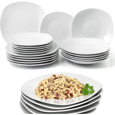 Shally Dogan Servicio de platos de servir de 18 piezas de porcelana de mesa para 6 personas, juego compuesto por 6 platos llanos, 6 hondos, 6 dulces y frutas, diseño moderno liso (blanco cuadrado) Shally Dogan Servicio de platos de servir de 18 piezas de porcelana de mesa para 6 personas, juego compuesto por 6 platos llanos, 6 hondos, 6 dulces y frutas, diseño moderno liso (blanco cuadrado)
