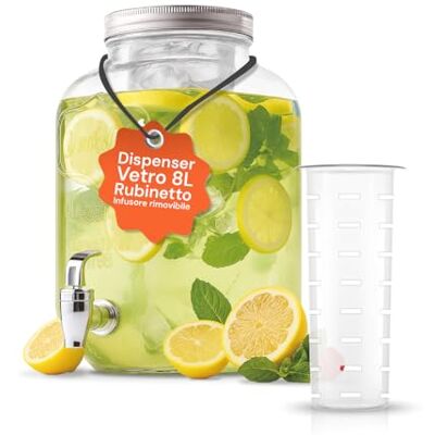 Avilia Dispensador de bebidas de cristal de 8 litros con grifo de aluminio e infusor para agua y zumos, gran capacidad para fiestas y eventos, uso de mesa, diseño elegante y resistente Avilia Dispensador de bebidas de cristal de 8 litros con grifo de aluminio e infusor para agua y zumos, gran capacidad para fiestas y eventos, uso de mesa, diseño elegante y resistente