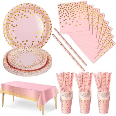 Nkaiso Vajilla de Fiesta,126 Piezas Rosado Puntos Dorados,Set de Juego de Platos y Cubiertos, cubertería de cartón, Vasos y servilletas,para cumpleaños,Aniversarios (25 Invitados) Nkaiso Vajilla de Fiesta,126 Piezas Rosado Puntos Dorados,Set de Juego de Platos y Cubiertos, cubertería de cartón, Vasos y servilletas,para cumpleaños,Aniversarios (25 Invitados)