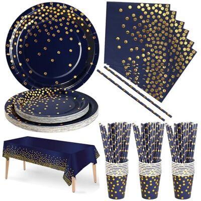 Nkaiso Vajilla de Fiesta,126 Piezas Azulmarino Dorados Set de Juego de Platos y Cubiertos, cubertería de cartón, Vasos y servilletas,para cumpleaños,Aniversarios -25 Invitados Nkaiso Vajilla de Fiesta,126 Piezas Azulmarino Dorados Set de Juego de Platos y Cubiertos, cubertería de cartón, Vasos y servilletas,para cumpleaños,Aniversarios -25 Invitados