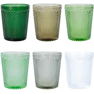 Tivoli Juego de 6 vasos de agua de 300 ml de cristal, superficie trabajada con efecto diamante, Honey Greenery Tivoli Juego de 6 vasos de agua de 300 ml de cristal, superficie trabajada con efecto diamante, Honey Greenery