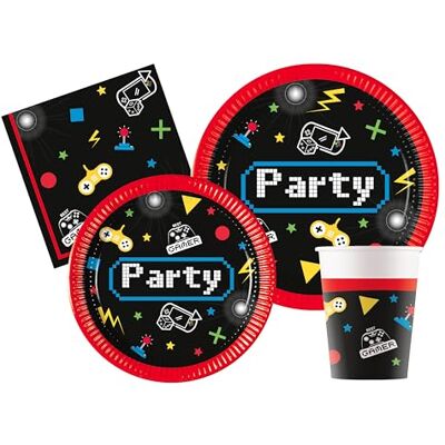 Ciao Kit Vajilla de Fiesta videogame Gaming Party para 24 personas (112 pcs: 24 platos Ø23cm, 24 platos Ø20cm, 24 vasos 200ml, 40 servilletas 33x33cm) de papel FSC Ciao Kit Vajilla de Fiesta videogame Gaming Party para 24 personas (112 pcs: 24 platos Ø23cm, 24 platos Ø20cm, 24 vasos 200ml, 40 servilletas 33x33cm) de papel FSC
