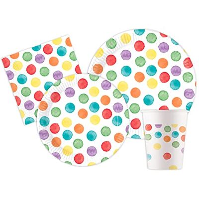 Ciao Kit Vajilla de Fiesta Multiwatercolor Dots Party para 24 personas (112 pcs: 24 platos Ø23cm, 24 platos Ø20cm, 24 vasos 200ml, 40 servilletas 33x33cm) de papel FSC Ciao Kit Vajilla de Fiesta Multiwatercolor Dots Party para 24 personas (112 pcs: 24 platos Ø23cm, 24 platos Ø20cm, 24 vasos 200ml, 40 servilletas 33x33cm) de papel FSC
