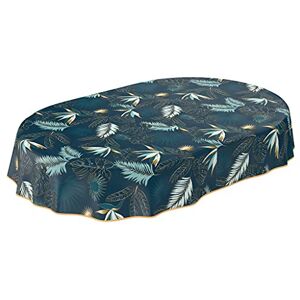 ANRO Mantel de Hule Lavable, para jardín, Redondo, Ovalado, Rectangular, para Interior y Exterior, Hojas, Color Dorado y Azul, Ovalado, 160 x 140 cm, Borde con Dobladillo ANRO Mantel de Hule Lavable, para jardín, Redondo, Ovalado, Rectangular, para Interior y Exterior, Hojas, Color Dorado y Azul, Ovalado, 160 x 140 cm, Borde con Dobladillo