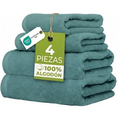 Ruggeri Set 4 Toallas, 2 Lavabo + 2 Tocador, Algodón, Verde 500 g/m, tejido Dobby, 2 lavabo 50x100 cm, 2 tocador 40x50 cm, lavable a máquina, 100% Algodón Ruggeri Set 4 Toallas, 2 Lavabo + 2 Tocador, Algodón, Verde 500 g/m, tejido Dobby, 2 lavabo 50x100 cm, 2 tocador 40x50 cm, lavable a máquina, 100% Algodón