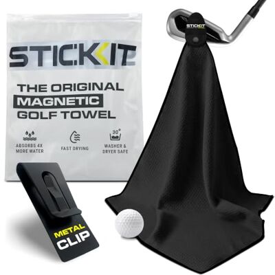 STICKIT Toalla de Golf magnética, Color Negro, Toalla de Golf de Microfibra de Nivel Superior con Bolsillos Profundos de gofre, imán de Fuerza Industrial para un Fuerte Agarre a carritos de Golf o STICKIT Toalla de Golf magnética, Color Negro, Toalla de Golf de Microfibra de Nivel Superior con Bolsillos Profundos de gofre, imán de Fuerza Industrial para un Fuerte Agarre a carritos de Golf o