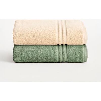 BOHEME Juego de 2 Toallas de Ducha Premium Beige-Verde Oliva 70x140 cm Incluye 2(70x140 cm). 100% algodón 700 g/m². Suaves, absorbentes, de secado rápido y lavables a máquina. BOHEME Juego de 2 Toallas de Ducha Premium Beige-Verde Oliva 70x140 cm Incluye 2(70x140 cm). 100% algodón 700 g/m². Suaves, absorbentes, de secado rápido y lavables a máquina.