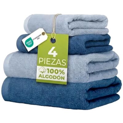 Ruggeri Set 4 Toallas, 2 Lavabo + 2 Tocador, Algodón, Azul y Azul Celeste 500 g/m, tejido Dobby, 2 lavabo 50x100 cm, 2 tocador 40x50 cm, lavable a máquina, 100% Algodón Ruggeri Set 4 Toallas, 2 Lavabo + 2 Tocador, Algodón, Azul y Azul Celeste 500 g/m, tejido Dobby, 2 lavabo 50x100 cm, 2 tocador 40x50 cm, lavable a máquina, 100% Algodón