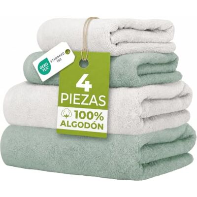 Ruggeri Set 4 Toallas, 2 Lavabo + 2 Tocador, Algodón, Blanco y Verde 500 g/m, tejido Dobby, 2 lavabo 50x100 cm, 2 tocador 40x50 cm, lavable a máquina, 100% Algodón Ruggeri Set 4 Toallas, 2 Lavabo + 2 Tocador, Algodón, Blanco y Verde 500 g/m, tejido Dobby, 2 lavabo 50x100 cm, 2 tocador 40x50 cm, lavable a máquina, 100% Algodón