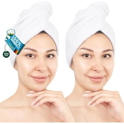 Hammetex Toalla para el Cabello Mujer Pack de 2 – Turbante de 100% Algodón – Certificadas Oeko-Tex – Suaves, Absorbentes – Turbante con Botón Hammetex Toalla para el Cabello Mujer Pack de 2 – Turbante de 100% Algodón – Certificadas Oeko-Tex – Suaves, Absorbentes – Turbante con Botón