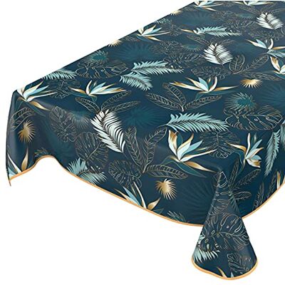 ANRO Mantel de Hule Lavable, para jardín, Redondo, Ovalado, Rectangular, para Interior y Exterior, Hojas, Color Dorado y Azul, 120 x 140 cm, Borde con Dobladillo ANRO Mantel de Hule Lavable, para jardín, Redondo, Ovalado, Rectangular, para Interior y Exterior, Hojas, Color Dorado y Azul, 120 x 140 cm, Borde con Dobladillo