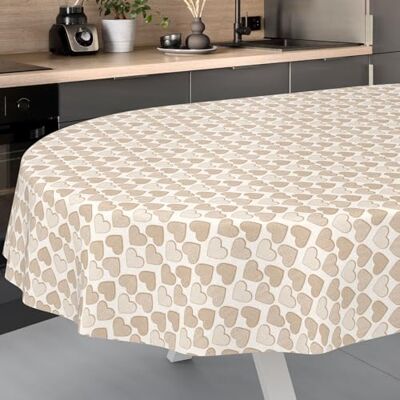 ANRO Mantel de Hule fácil de Lavar, para jardín, Exterior e Interior, Ovalado, 220 x 140 cm, Borde de Corte, diseño de Corazones, Beige ANRO Mantel de Hule fácil de Lavar, para jardín, Exterior e Interior, Ovalado, 220 x 140 cm, Borde de Corte, diseño de Corazones, Beige