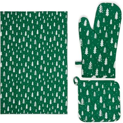 Excelsa Green Winter Juego de 3 paños de Cocina de algodón Verde con diseño de abetos Blancos, Incluye paño de Cocina de 50 x 70 cm, manopla de 20 x 20 cm y Guante de Horno, colección navideña Excelsa Green Winter Juego de 3 paños de Cocina de algodón Verde con diseño de abetos Blancos, Incluye paño de Cocina de 50 x 70 cm, manopla de 20 x 20 cm y Guante de Horno, colección navideña