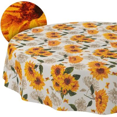 ANRO Mantel Lavable, Efecto Loto, fácil de Limpiar, de algodón y poliéster, Resistente a Las Manchas, para Exteriores, diseño de Girasol, Redondo, 140 cm ANRO Mantel Lavable, Efecto Loto, fácil de Limpiar, de algodón y poliéster, Resistente a Las Manchas, para Exteriores, diseño de Girasol, Redondo, 140 cm