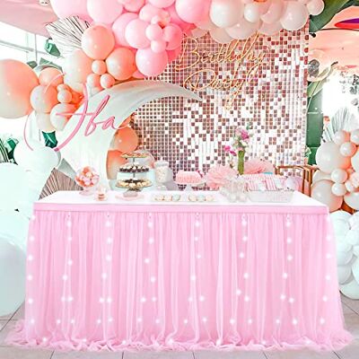 QueenDream Faldón de Mesa Rectangular Rosa de Tul de 14 pies, Mantel de tutú LED para decoración de Bodas, Fiestas de cumpleaños, Baby Shower QueenDream Faldón de Mesa Rectangular Rosa de Tul de 14 pies, Mantel de tutú LED para decoración de Bodas, Fiestas de cumpleaños, Baby Shower