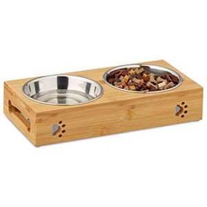 Relaxdays Comedero Perro, Soporte con 2 Cuencos, 300 ml, Acero Inoxidable-Bambú, 1 Ud., 6,5x31,5x15 cm, Plateado-Marrón Relaxdays Comedero Perro, Soporte con 2 Cuencos, 300 ml, Acero Inoxidable-Bambú, 1 Ud., 6,5x31,5x15 cm, Plateado-Marrón