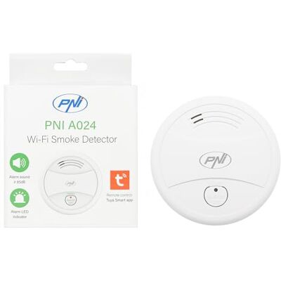 PNI -A024 A024 Sensor de humo con Wi-Fi, control desde la aplicación inteligente Tuya, fuente de alimentación de batería de 9 V, 85 dB, audible y visual, alarma silenciosa, blanco, 105 x 105 x 45 PNI -A024 A024 Sensor de humo con Wi-Fi, control desde la aplicación inteligente Tuya, fuente de alimentación de batería de 9 V, 85 dB, audible y visual, alarma silenciosa, blanco, 105 x 105 x 45