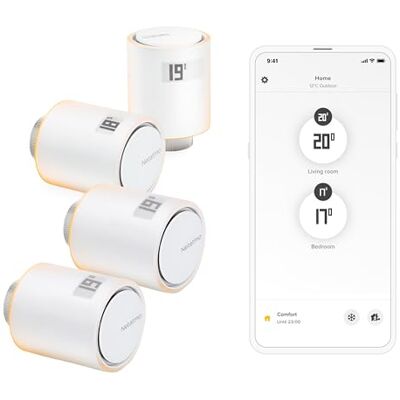 Netatmo Paquete de 4 Cabezales Termostáticos Inteligentes Accesorio para Termostato Conectado, Control a Distancia, Ahorro de Energía, Compatible con Alexa & HomeKit Netatmo Paquete de 4 Cabezales Termostáticos Inteligentes Accesorio para Termostato Conectado, Control a Distancia, Ahorro de Energía, Compatible con Alexa & HomeKit