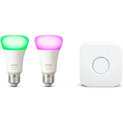 Philips Bombilla LED Inteligente, A60 E27, Luz Blanca y de Colores, 9W (Eq. 75W) 806 lm, Compatible con Alexa y Google Home Pack de 2 Bombillas LED inteligentes + Hue Bridge Philips Bombilla LED Inteligente, A60 E27, Luz Blanca y de Colores, 9W (Eq. 75W) 806 lm, Compatible con Alexa y Google Home Pack de 2 Bombillas LED inteligentes + Hue Bridge