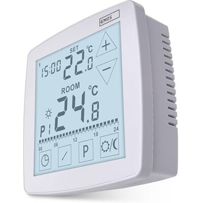 EMOS Termostato digital con OpenTherm programable, cableado, 230 V Sistemas de calefacción/refrigeración con sensor de suelo Control de temperatura 7-30 °C Montaje en superficie Protección EMOS Termostato digital con OpenTherm programable, cableado, 230 V Sistemas de calefacción/refrigeración con sensor de suelo Control de temperatura 7-30 °C Montaje en superficie Protección