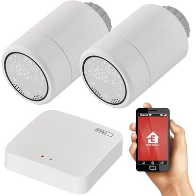 EMOS GoSmart Set – Termostato para radiador Smart Home (2 Unidades) + ZigBee Gateway (1 x) con App – Termostato IP para Sistemas de calefacción Compatible con Tuya, Smart Life, Google Assistant y EMOS GoSmart Set – Termostato para radiador Smart Home (2 Unidades) + ZigBee Gateway (1 x) con App – Termostato IP para Sistemas de calefacción Compatible con Tuya, Smart Life, Google Assistant y