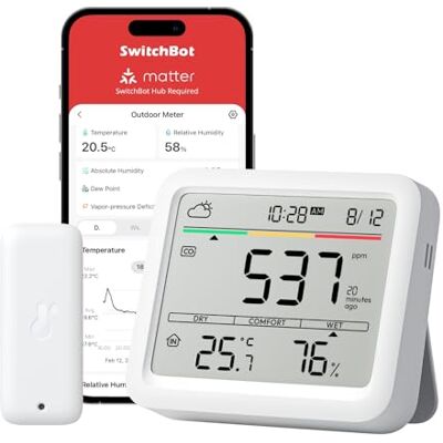 SwitchBot Detector de CO2 Bluetooth con termómetro IP65, medidor de CO2 con termómetro e higrómetro Interior, medidor de Calidad del Aire con Alarma de CO2, Sensor Bluetooth de CO2 con aplicación, 2 SwitchBot Detector de CO2 Bluetooth con termómetro IP65, medidor de CO2 con termómetro e higrómetro Interior, medidor de Calidad del Aire con Alarma de CO2, Sensor Bluetooth de CO2 con aplicación, 2