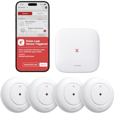 X-Sense Detector de agua inteligente, sensor de agua WiFi, sensor de inundación compacto con volumen ajustable de hasta 110 dB y alcance de 500 m, para cocinas, sótanos y baños, X-Sense Detector de agua inteligente, sensor de agua WiFi, sensor de inundación compacto con volumen ajustable de hasta 110 dB y alcance de 500 m, para cocinas, sótanos y baños,