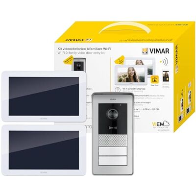 Vimar Kit de videoportero smart con 2 videoporteros Wi-Fi con pantalla táctil, placa audio/vídeo con lector RFID, alimentadores con clavijas intercambiables, distribuidor bus Vimar Kit de videoportero smart con 2 videoporteros Wi-Fi con pantalla táctil, placa audio/vídeo con lector RFID, alimentadores con clavijas intercambiables, distribuidor bus