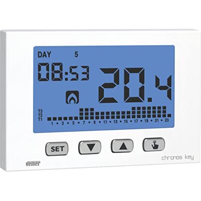 VEMER Chronos Key Termostato de Ambiente de Pared para Calefacción y Aire Acondicionado, Pantalla LCD, Teclado de 4 Teclas, Programación Semanal, Alimentación 230V, Blanco VEMER Chronos Key Termostato de Ambiente de Pared para Calefacción y Aire Acondicionado, Pantalla LCD, Teclado de 4 Teclas, Programación Semanal, Alimentación 230V, Blanco