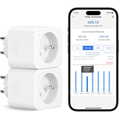 meross Toma conectada (FR), 16 A, conector WiFi compatible con Alexa y Google Home, juego de 2 tomas de medición de consumo inteligente con control de voz, control remoto y configuración Bluetooth meross Toma conectada (FR), 16 A, conector WiFi compatible con Alexa y Google Home, juego de 2 tomas de medición de consumo inteligente con control de voz, control remoto y configuración Bluetooth