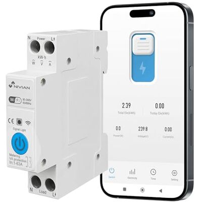 NIVIAN Interruptor Carril DIN WiFi con Medidor de Consumo Smart Home – Control Remoto por App, Protección Eléctrica 1-63A, Automatizaciones, Alexa y Google NIVIAN Interruptor Carril DIN WiFi con Medidor de Consumo Smart Home – Control Remoto por App, Protección Eléctrica 1-63A, Automatizaciones, Alexa y Google