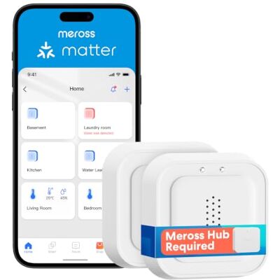 meross Detector de Agua Inteligente Requiere Hub, 100 dB detección de 0,3mm Detector de Fugas de Agua IP66 para cocinas, baños, sótanos, Compatible con Matter, Apple Home, Alexa y Google, 2 Pcs meross Detector de Agua Inteligente Requiere Hub, 100 dB detección de 0,3mm Detector de Fugas de Agua IP66 para cocinas, baños, sótanos, Compatible con Matter, Apple Home, Alexa y Google, 2 Pcs