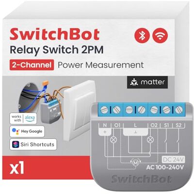 SwitchBot Matter Interruptor de Relé 2PM, módulo de relé inteligente con medición de energía, interruptor Wi-Fi y Bluetooth compatible con Alexa/Apple HomeKit/Google Home, 2.4GHz, 16A SwitchBot Matter Interruptor de Relé 2PM, módulo de relé inteligente con medición de energía, interruptor Wi-Fi y Bluetooth compatible con Alexa/Apple HomeKit/Google Home, 2.4GHz, 16A