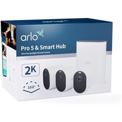 Arlo Pro 5 Camara de Vigilancia WiFi Exterior 2K + Smart Hub, Camara Vigilancia WiFi Interior, Sensor de Movimiento, Alarmas Para Casa, Visión Nocturna, Prueba Secure Incluida, 3 Cámaras, Blancas Arlo Pro 5 Camara de Vigilancia WiFi Exterior 2K + Smart Hub, Camara Vigilancia WiFi Interior, Sensor de Movimiento, Alarmas Para Casa, Visión Nocturna, Prueba Secure Incluida, 3 Cámaras, Blancas