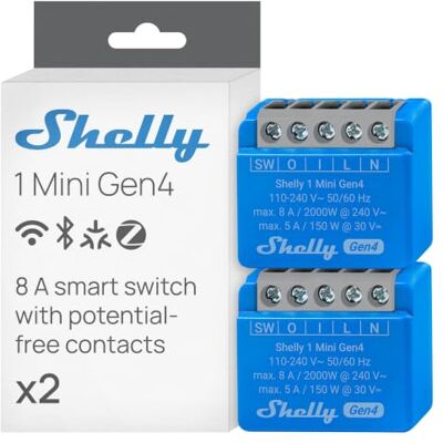 Shelly 1 Mini Gen4 – Módulo interruptor inalámbrico Matter, Zigbee y Wi-Fi, 1 canal 8 A, Contactos secos, Relé de luz, Control por aplicación y voz Alexa, Google y Apple HomeKit 2 Piezas Shelly 1 Mini Gen4 – Módulo interruptor inalámbrico Matter, Zigbee y Wi-Fi, 1 canal 8 A, Contactos secos, Relé de luz, Control por aplicación y voz Alexa, Google y Apple HomeKit 2 Piezas