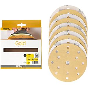 Mirka Gold Papel de lija universal Ø 150mm Discos de lijado con cierre adhesivo de 15 agujeros, grano P180, 10 piezas/Para lijar yeso, masilla, aglomerado, madera, barniz Mirka Gold Papel de lija universal Ø 150mm Discos de lijado con cierre adhesivo de 15 agujeros, grano P180, 10 piezas/Para lijar yeso, masilla, aglomerado, madera, barniz