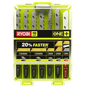 Ryobi Juego de 10 Hojas de Corte ONE+ para Sierra de Calar Sin Cable Para Madera, Metal y Plástico 20% más Rápidas Liberación Eficiente del Material Montaje en T con Espiga