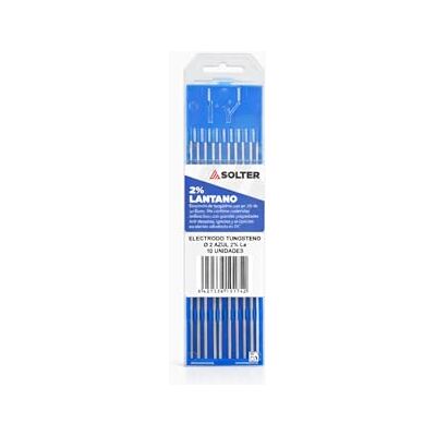 Solter Electrodos de Tungsteno Azul 2% Lantano (WL20) Caja 10 Unidades Soldadura TIG en Corriente Continua (DC) Arco Estable para Acero, Inox, Titanio y Cobre (2,0 Ø) Solter Electrodos de Tungsteno Azul 2% Lantano (WL20) Caja 10 Unidades Soldadura TIG en Corriente Continua (DC) Arco Estable para Acero, Inox, Titanio y Cobre (2,0 Ø)