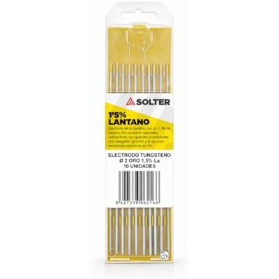 Solter Electrodo tungsteno oro 1,5% lantano Ø2,0 mm, Ref. , TIG DC (GTAW), Alternativa no radiactiva al torio, Caja 10 uds Solter Electrodo tungsteno oro 1,5% lantano Ø2,0 mm, Ref. , TIG DC (GTAW), Alternativa no radiactiva al torio, Caja 10 uds