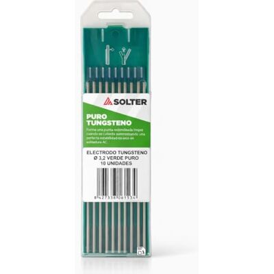 Solter Electrodo tungsteno verde, Tungsteno puro 100%, TIG AC, Para soldadura de aluminio y magnesio, Caja 10 unidades. (3,2 Ø) Solter Electrodo tungsteno verde, Tungsteno puro 100%, TIG AC, Para soldadura de aluminio y magnesio, Caja 10 unidades. (3,2 Ø)